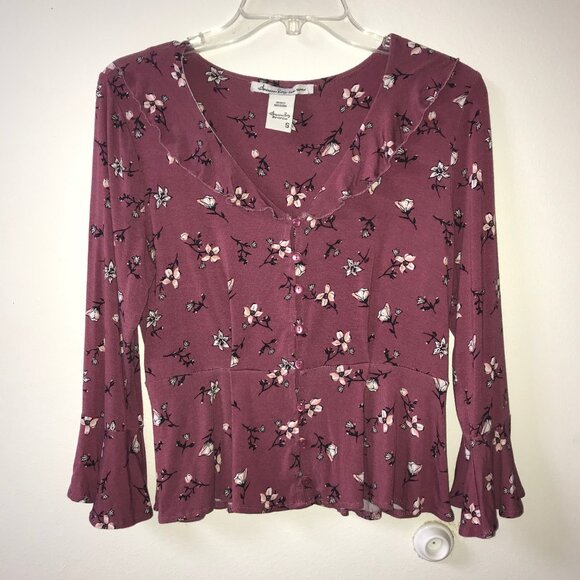 American Rag Floral Peplum Button Down Blouse Bell Sleeve Ruffle Top S - Picture 8 of 14